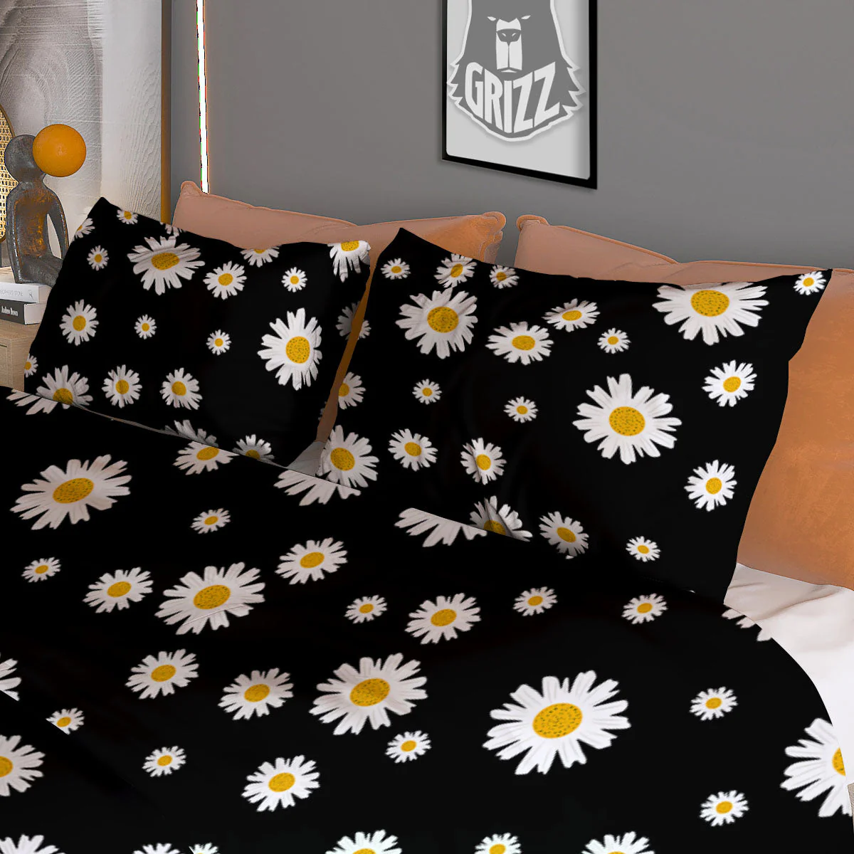 Floral Black Daisy Print Pattern Duvet Cover Bedding Set - Image 3