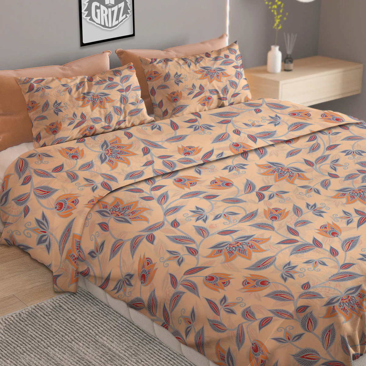 Floral Bohemian Beige Print Pattern Duvet Cover Bedding Set - Image 2