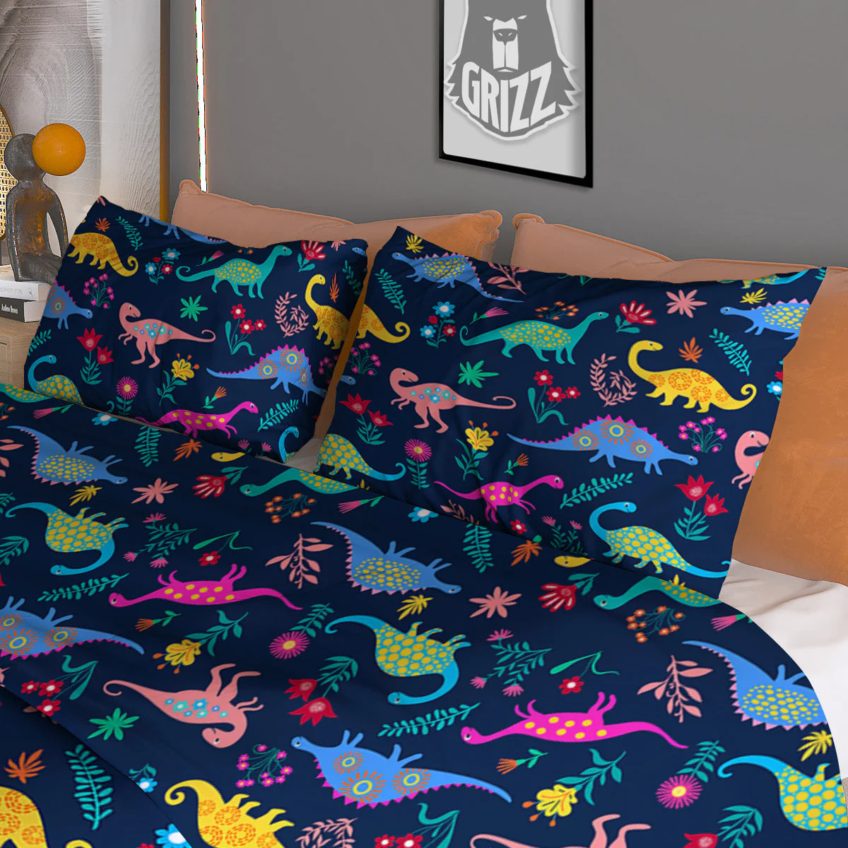 Floral Cute Dino Print Pattern Duvet Cover Bedding Set - Image 3