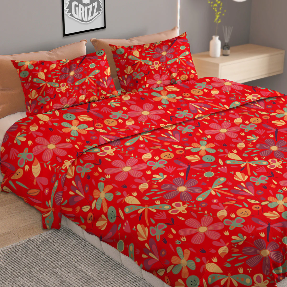 Floral Dragonfly Christmas Print Pattern Duvet Cover Bedding Set - Image 2