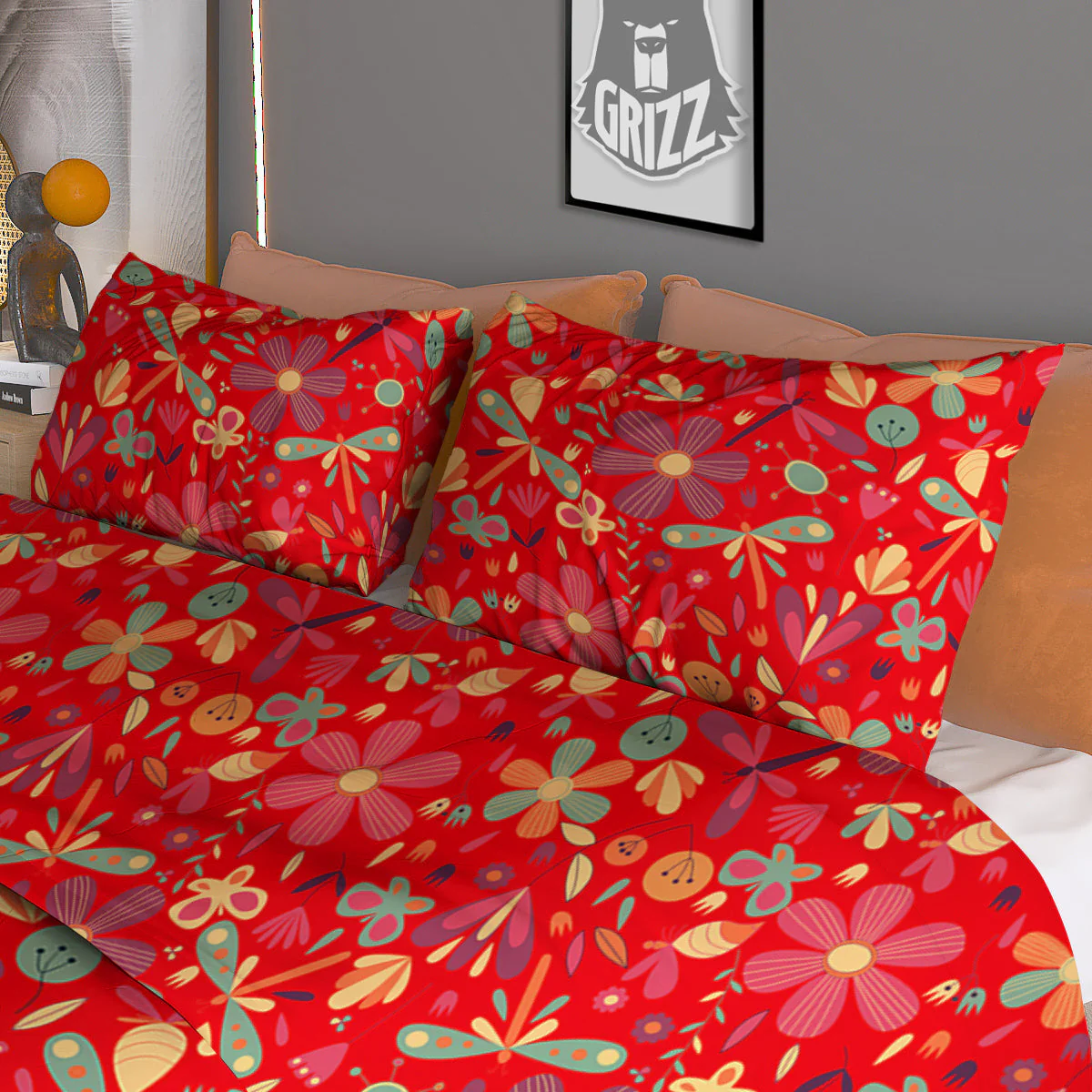 Floral Dragonfly Christmas Print Pattern Duvet Cover Bedding Set - Image 3