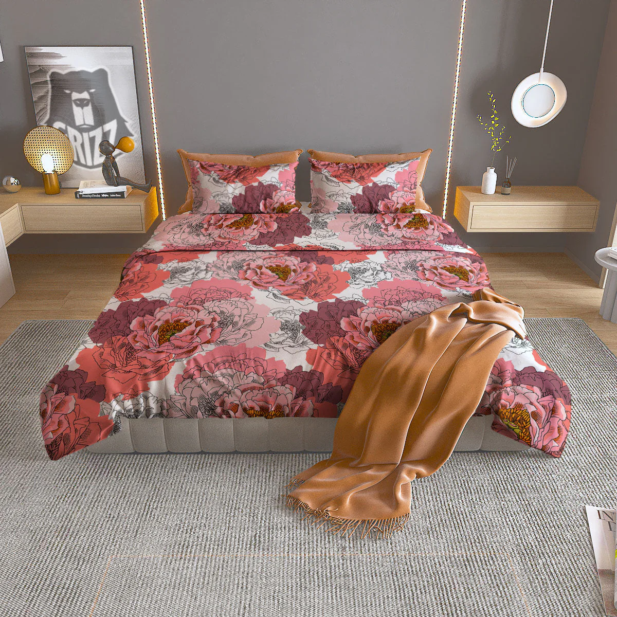 Floral Flower Pink Peony Print Pattern Duvet Cover Bedding Set