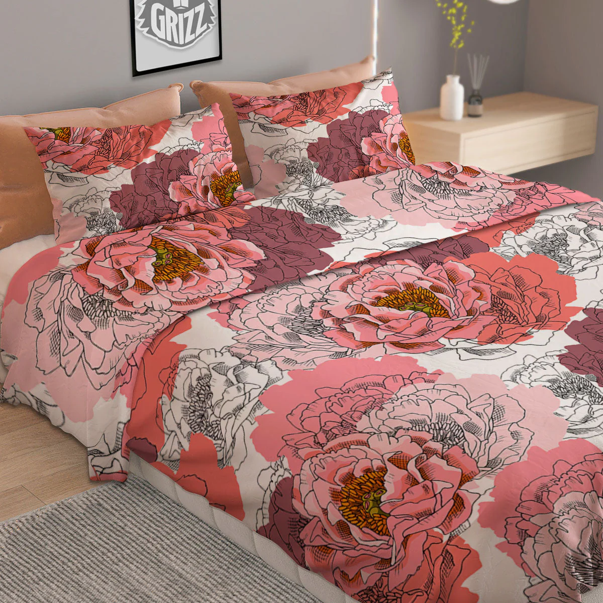 Floral Flower Pink Peony Print Pattern Duvet Cover Bedding Set - Image 2