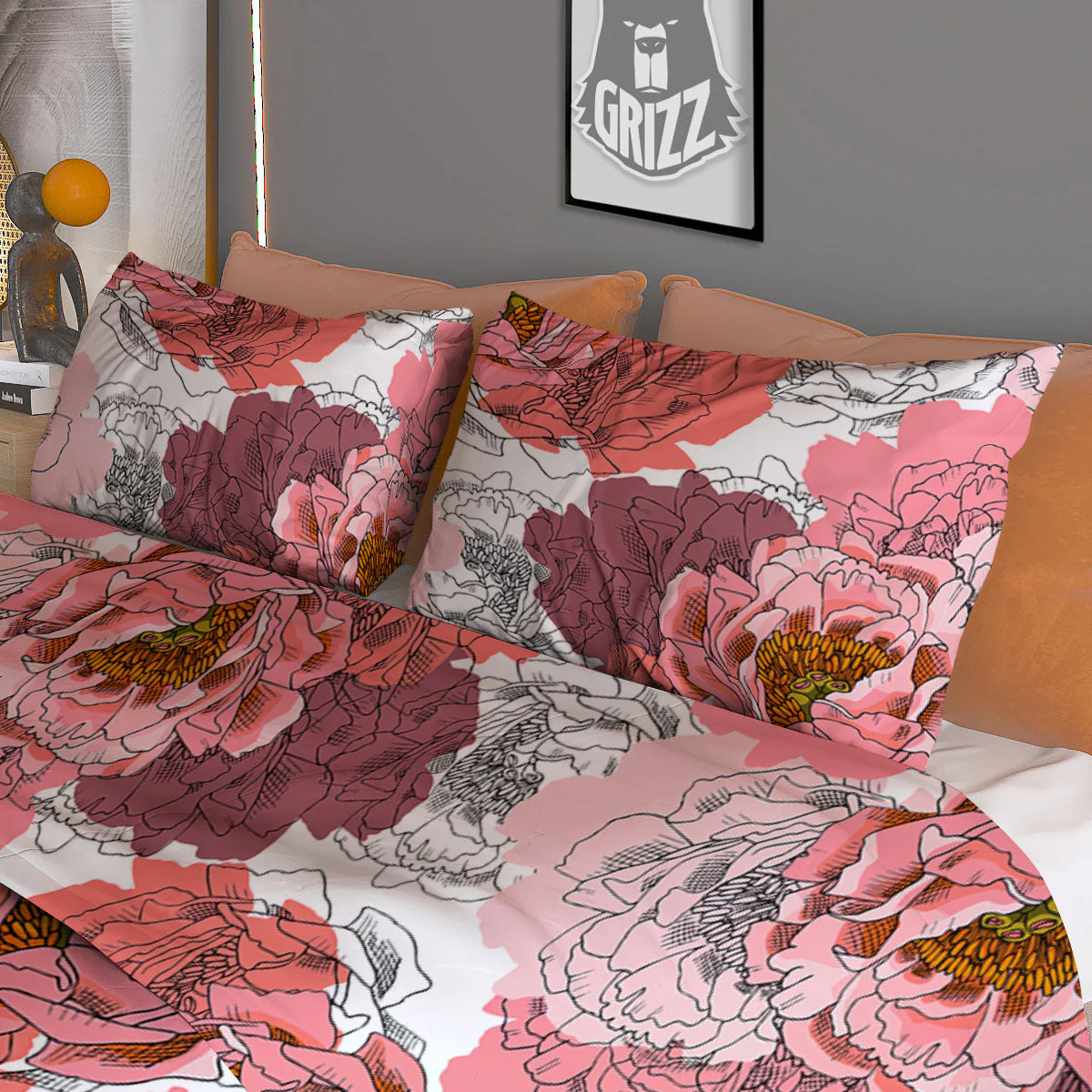 Floral Flower Pink Peony Print Pattern Duvet Cover Bedding Set - Image 3