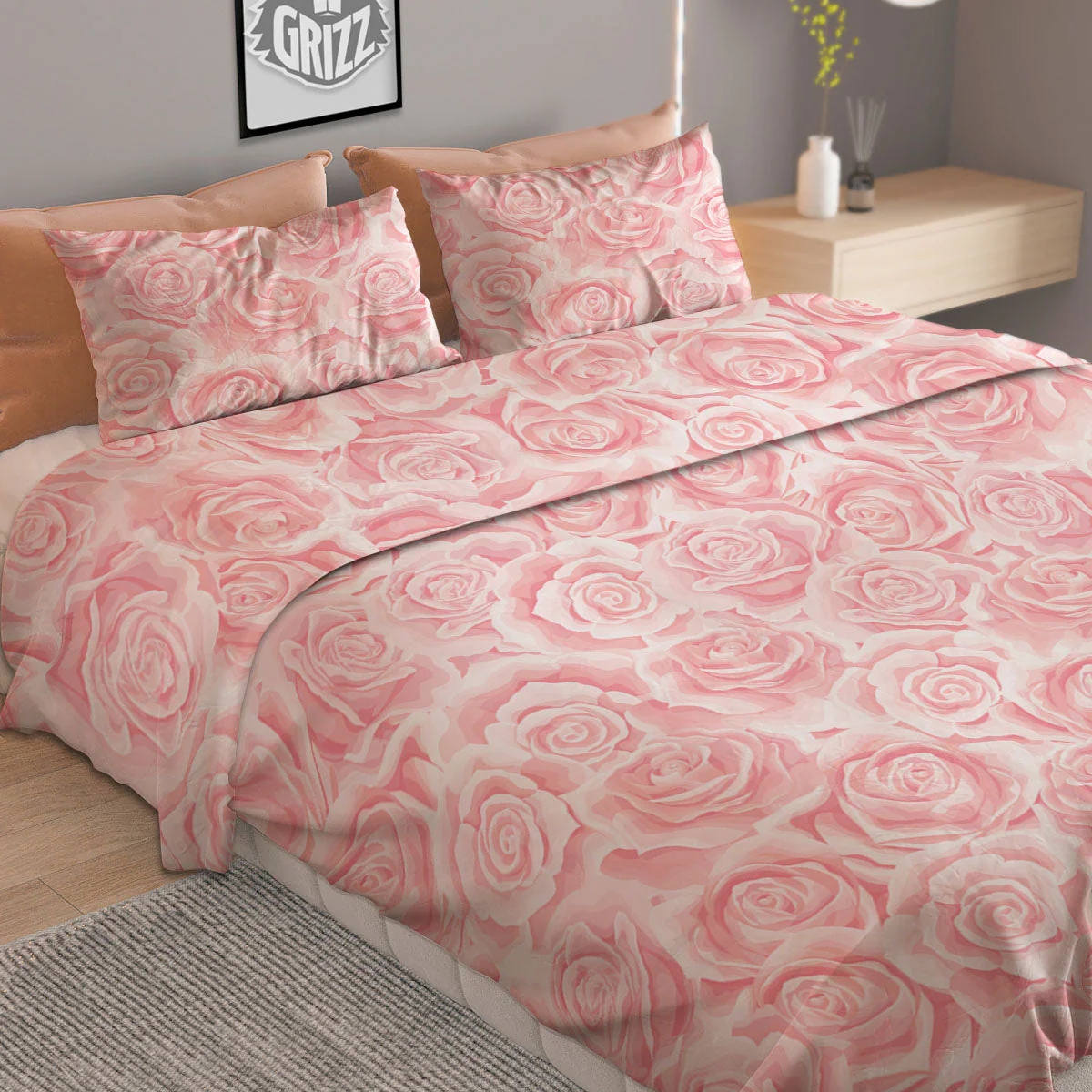 Floral Flower Pink Rose Print Pattern Duvet Cover Bedding Set - Image 2