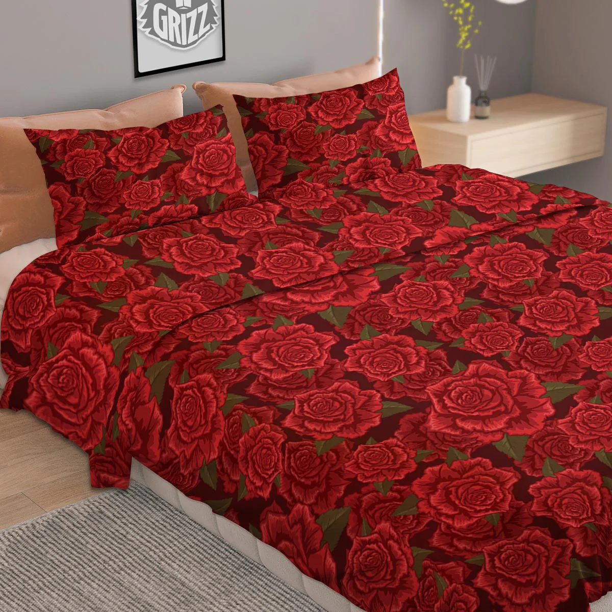 Floral Flower Red Rose Print Pattern Duvet Cover Bedding Set - Image 2