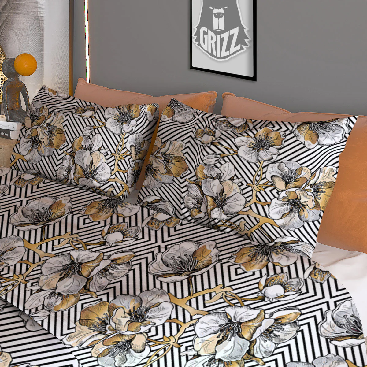 Floral Geometric Japanese Print Pattern Duvet Cover Bedding Set - Image 3