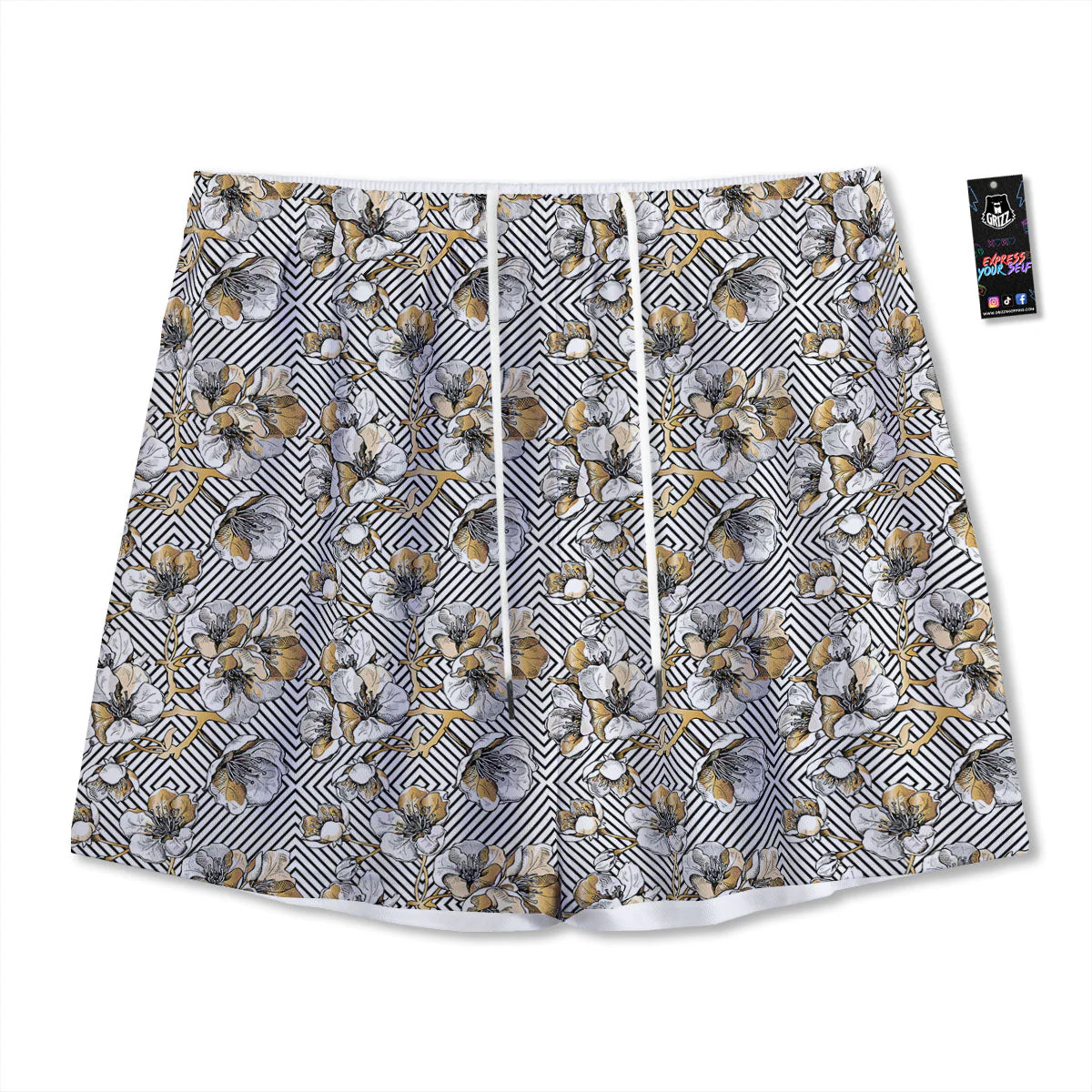 Floral Geometric Japanese Print Pattern Mesh Shorts
