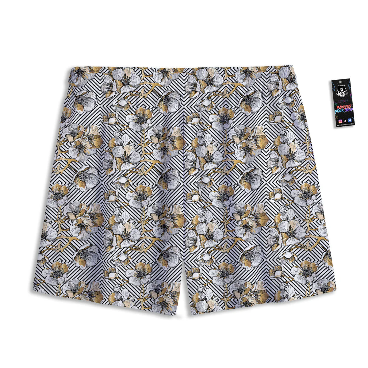 Floral Geometric Japanese Print Pattern Mesh Shorts - Image 2