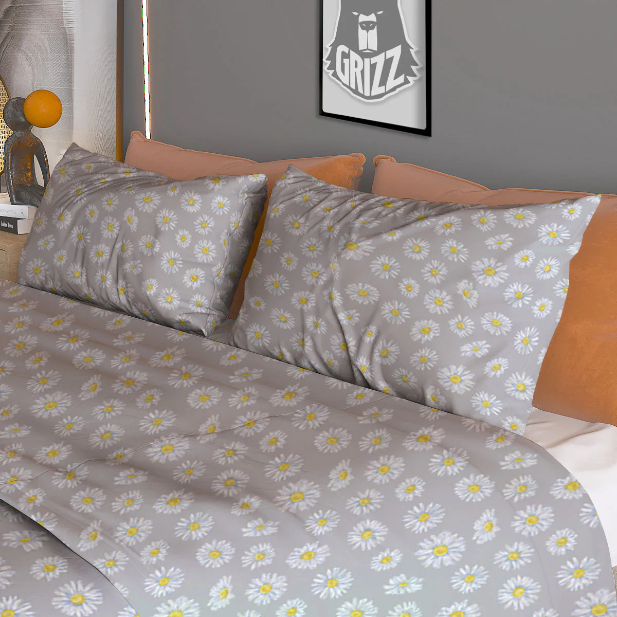 Floral Grey Daisy Print Pattern Duvet Cover Bedding Set - Image 3