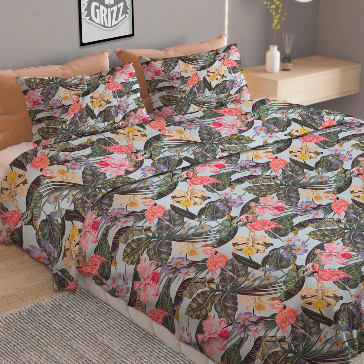 Floral Hawaiian And Flamingo Print Duvet Cover Bedding Set - Image 2