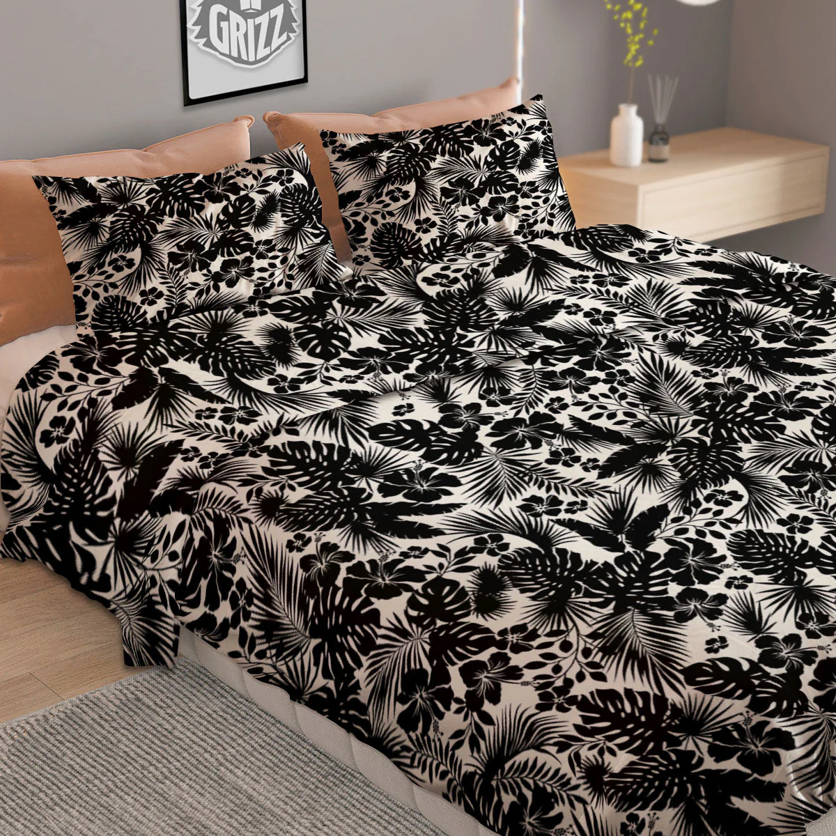 Floral Hawaiian Monochrome Print Pattern Duvet Cover Bedding Set - Image 2