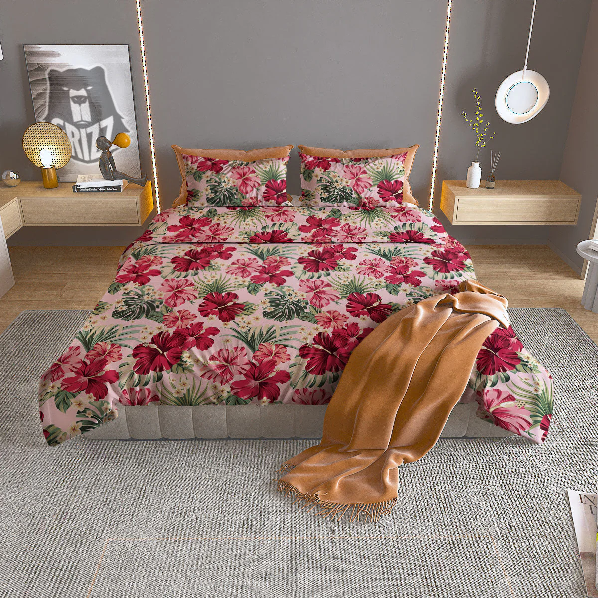 Floral Hibiscus Flower Print Pattern Duvet Cover Bedding Set