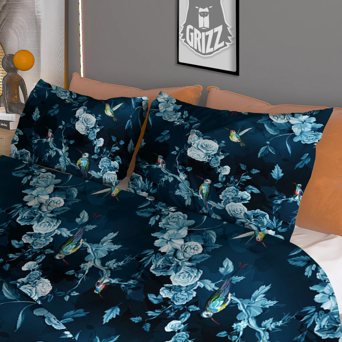 Floral Hummingbird Dark Blue Print Duvet Cover Bedding Set - Image 3