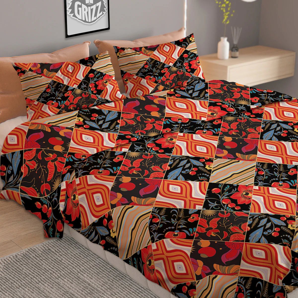 Floral Indian Patchwork Print Pattern Duvet Cover Bedding Set - Image 2