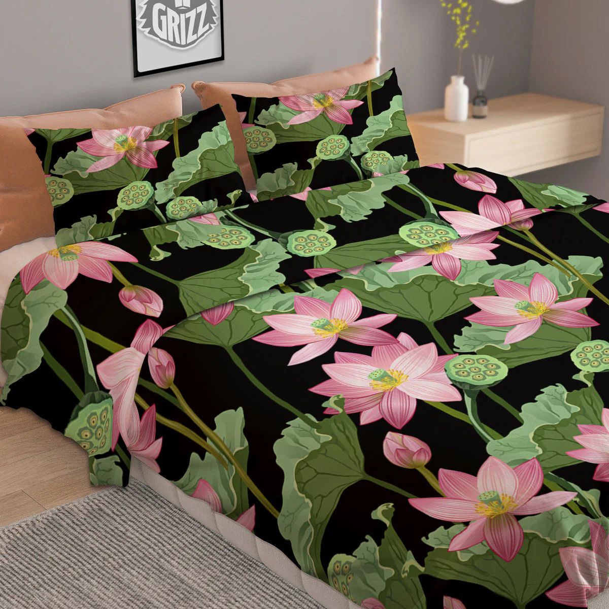 Floral Lotus Vintage Print Pattern Duvet Cover Bedding Set - Image 2