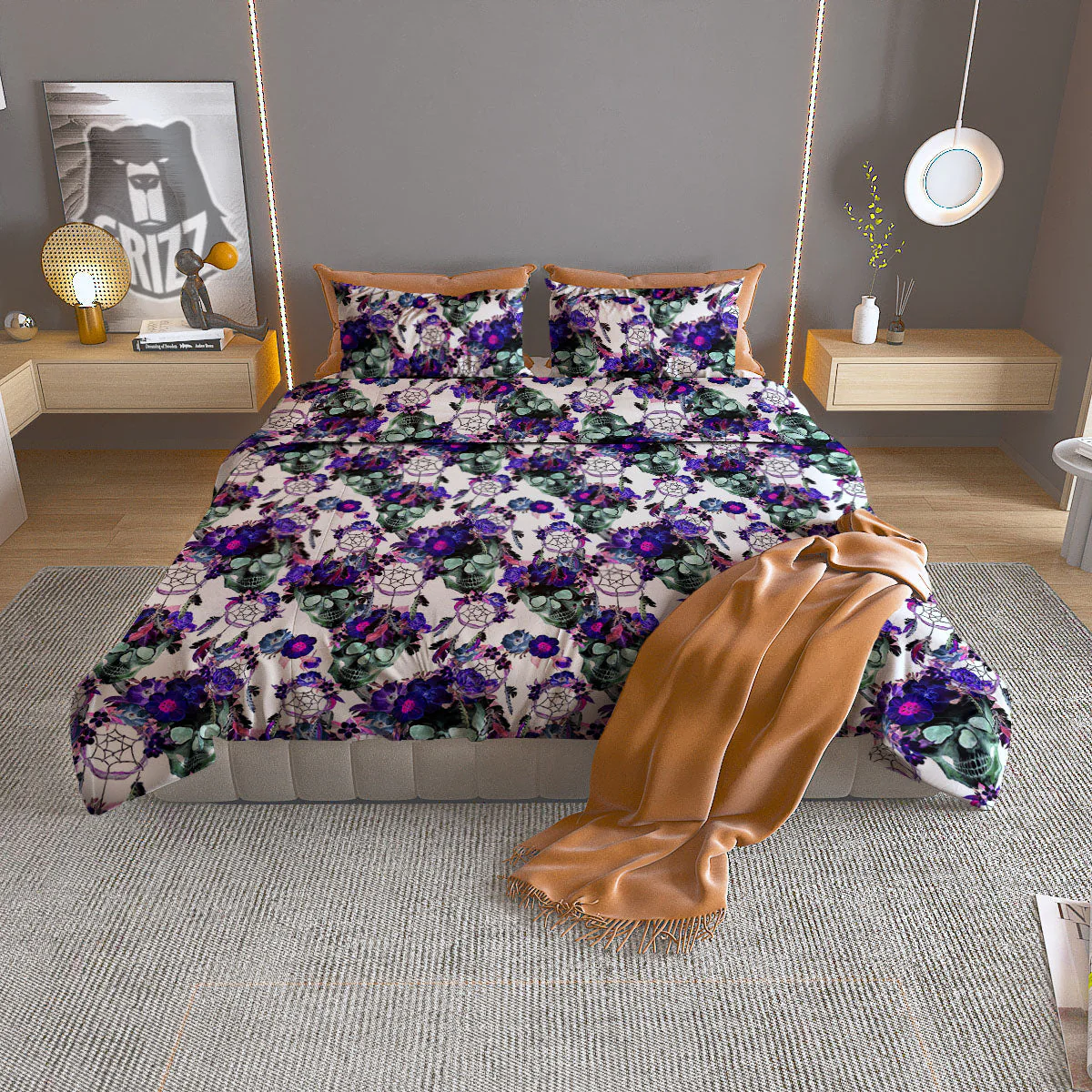 Floral Neon Skull Print Pattern Duvet Cover Bedding Set