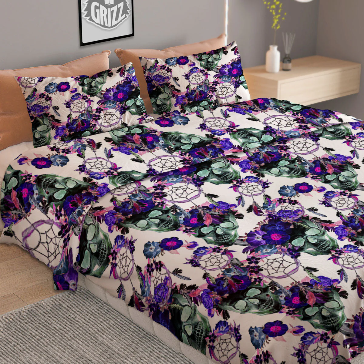 Floral Neon Skull Print Pattern Duvet Cover Bedding Set - Image 2