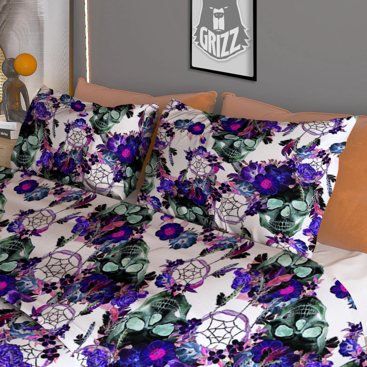 Floral Neon Skull Print Pattern Duvet Cover Bedding Set - Image 3
