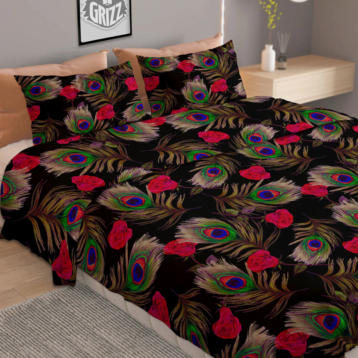 Floral Peacock Feather Print Pattern Duvet Cover Bedding Set - Image 2