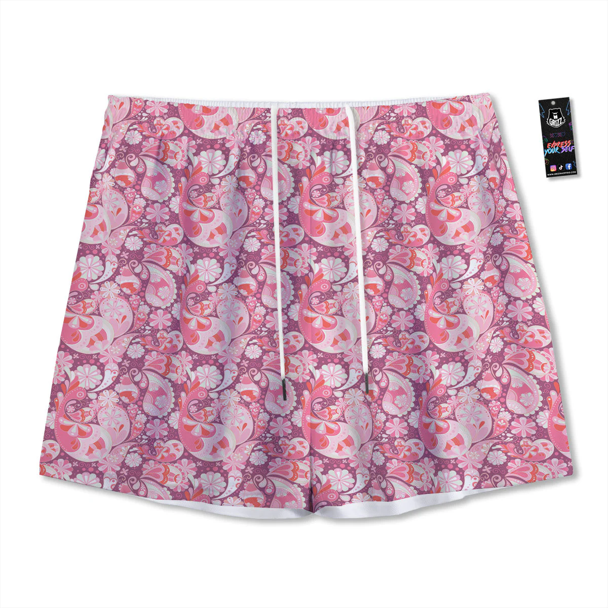 Floral Pink Paisley Print Pattern Mesh Shorts