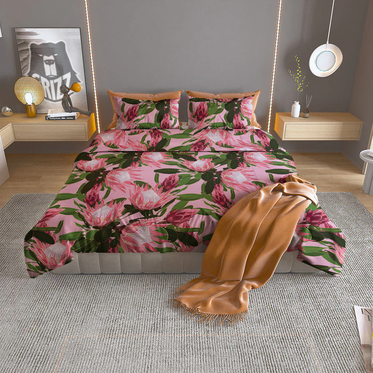 Floral Protea Print Pattern Duvet Cover Bedding Set