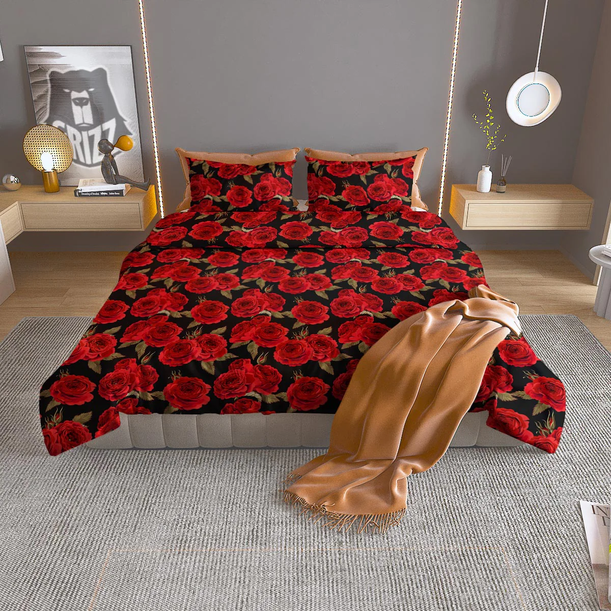 Floral Red Rose Print Pattern Duvet Cover Bedding Set