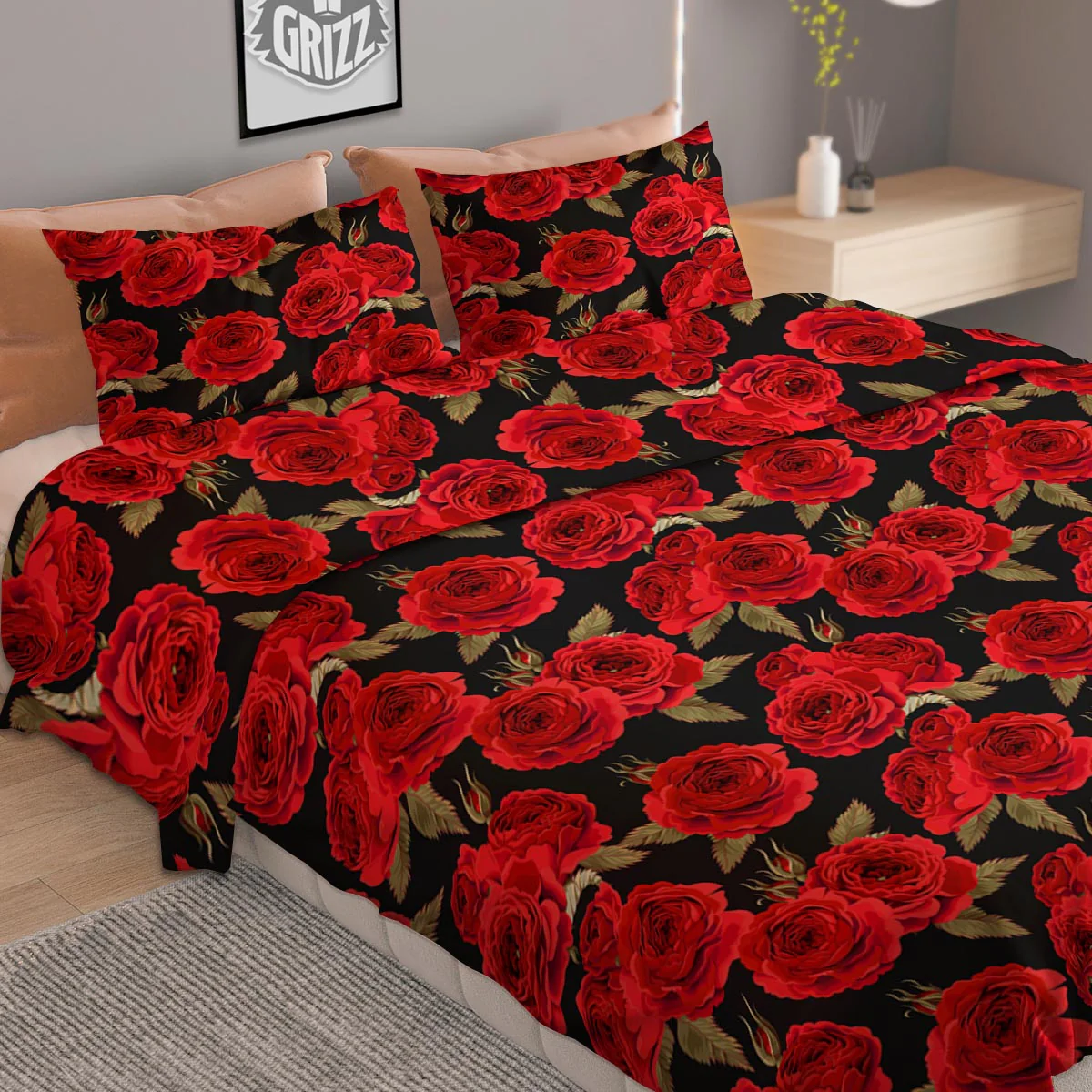 Floral Red Rose Print Pattern Duvet Cover Bedding Set - Image 2