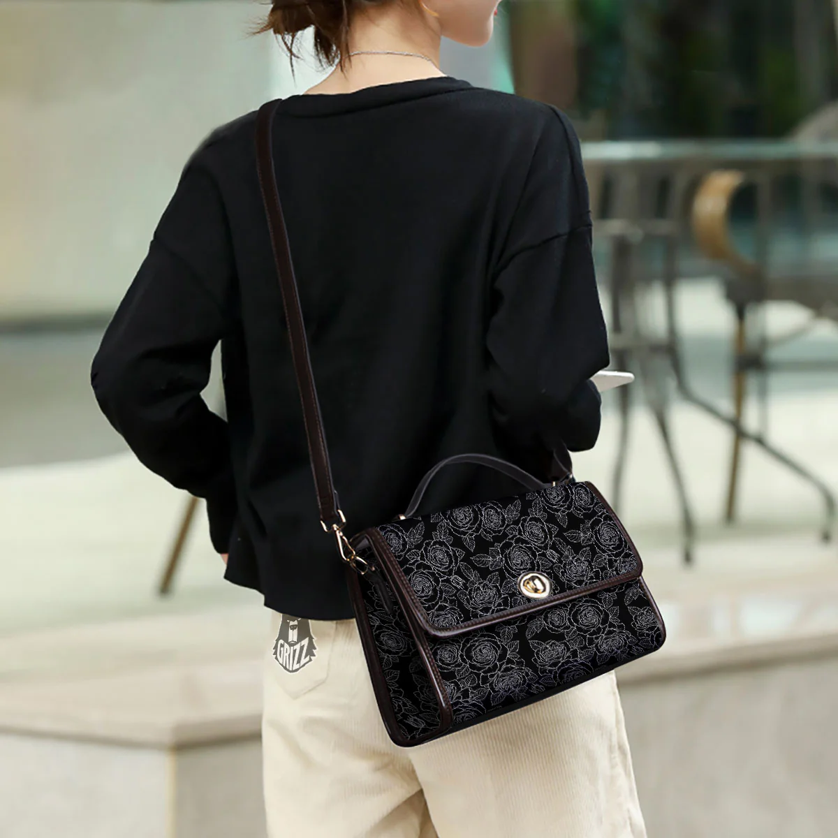 Floral Rose Monochrome Print Pattern Women's Satchel Bag - Image 3