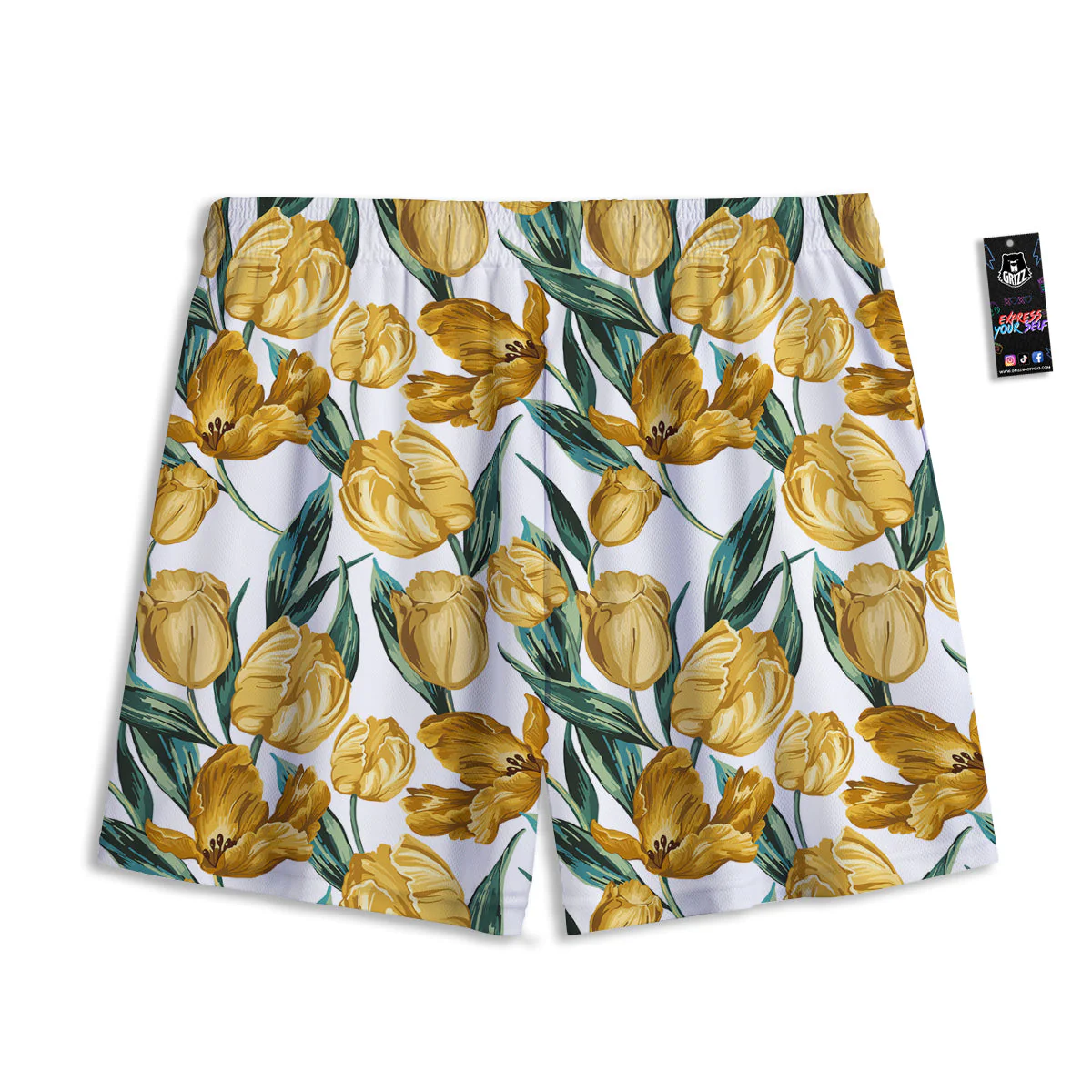 Floral Tulip Yellow Print Pattern Mesh Shorts - Image 2