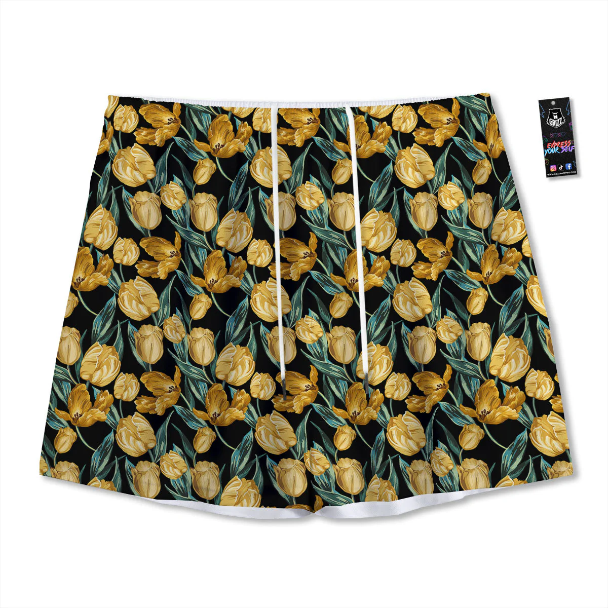 Floral Yellow And Gold Print Mesh Shorts