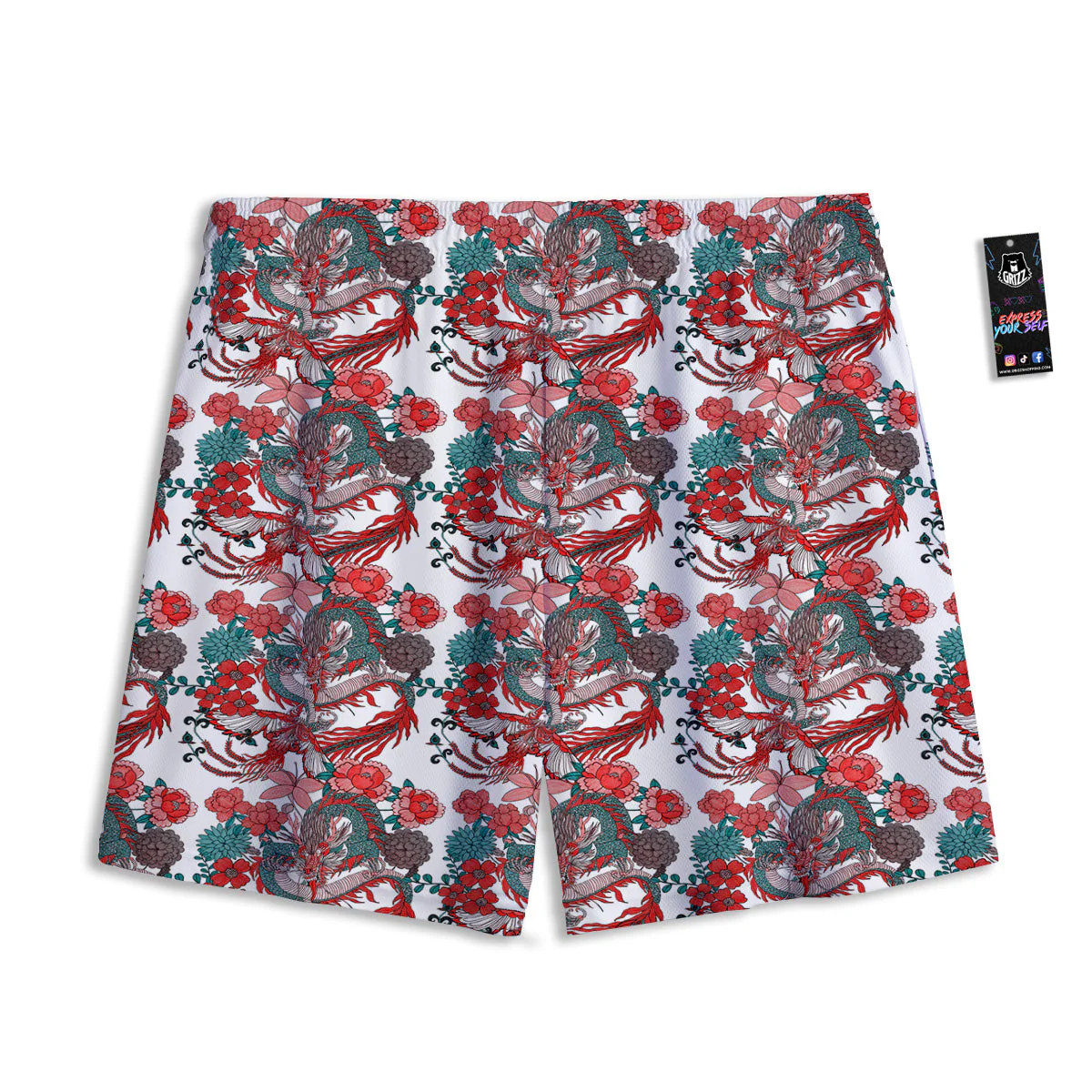 Flower And Chinese Dragon Print Pattern Mesh Shorts - Image 2