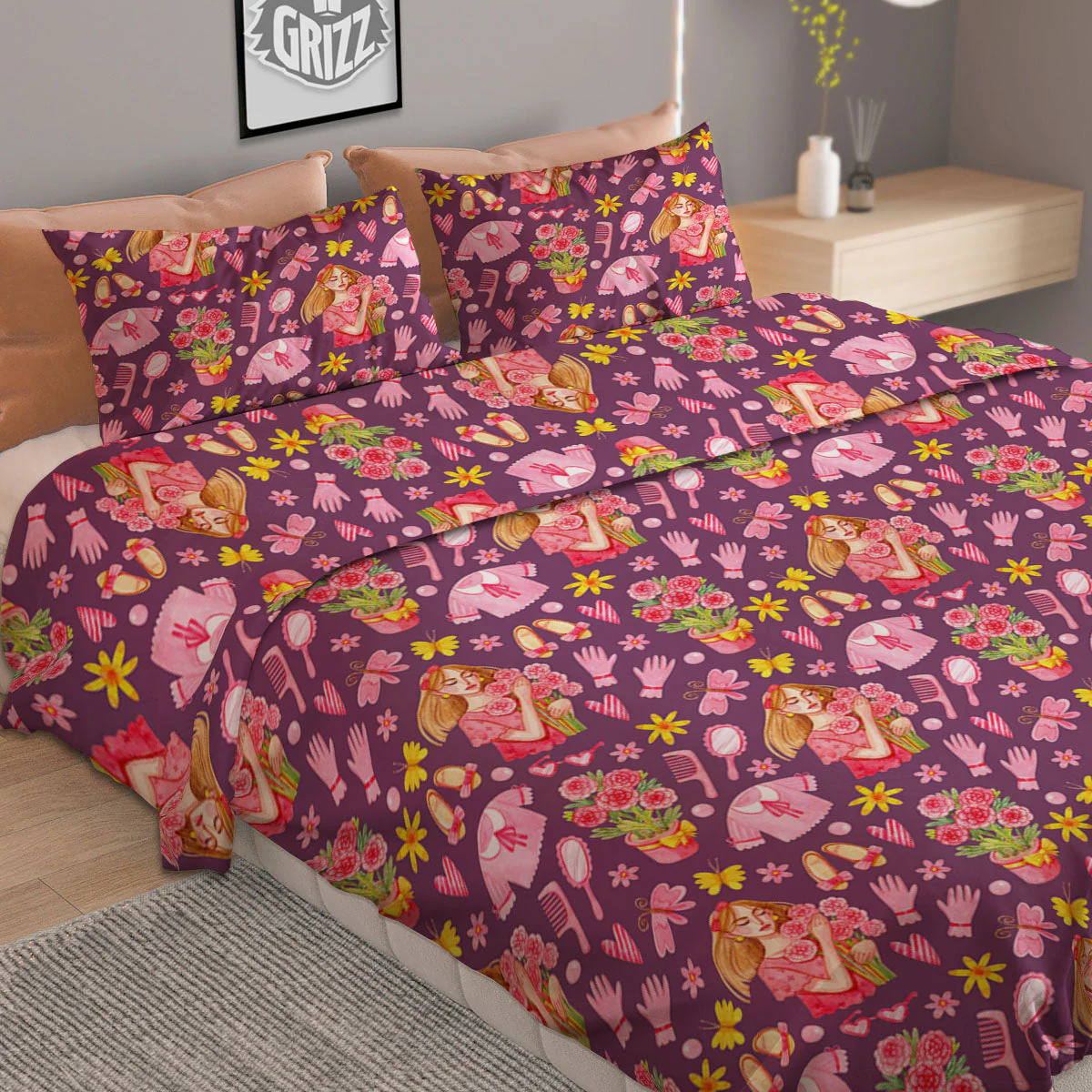 Flower And Girly Print Pattern Duvet Cover Bedding Set - Image 2