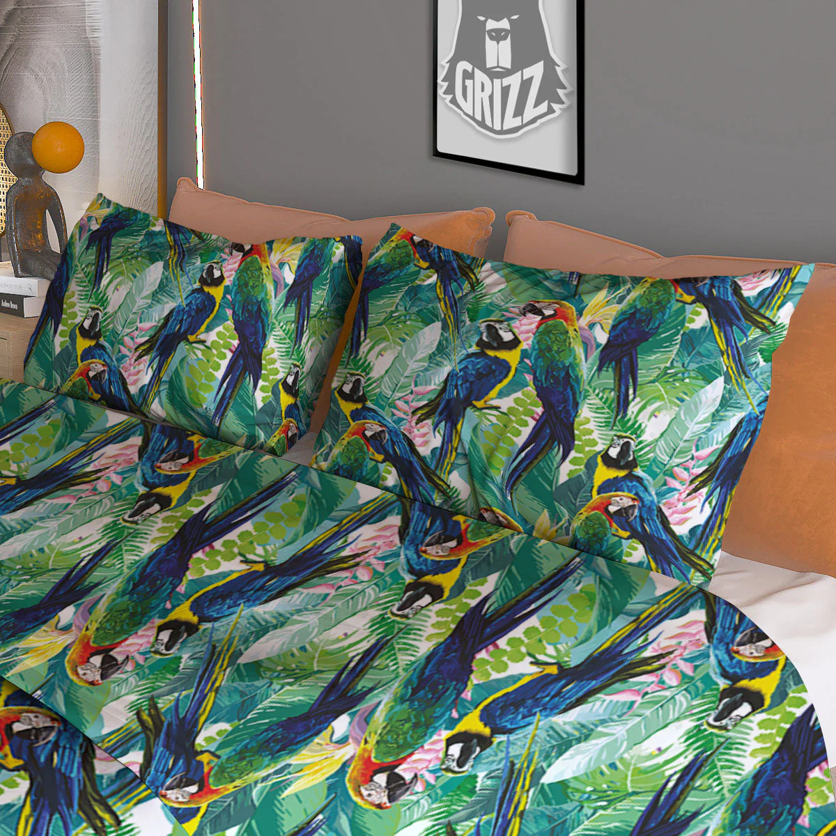 Flower And Parrot Print Pattern Duvet Cover Bedding Set - Image 3