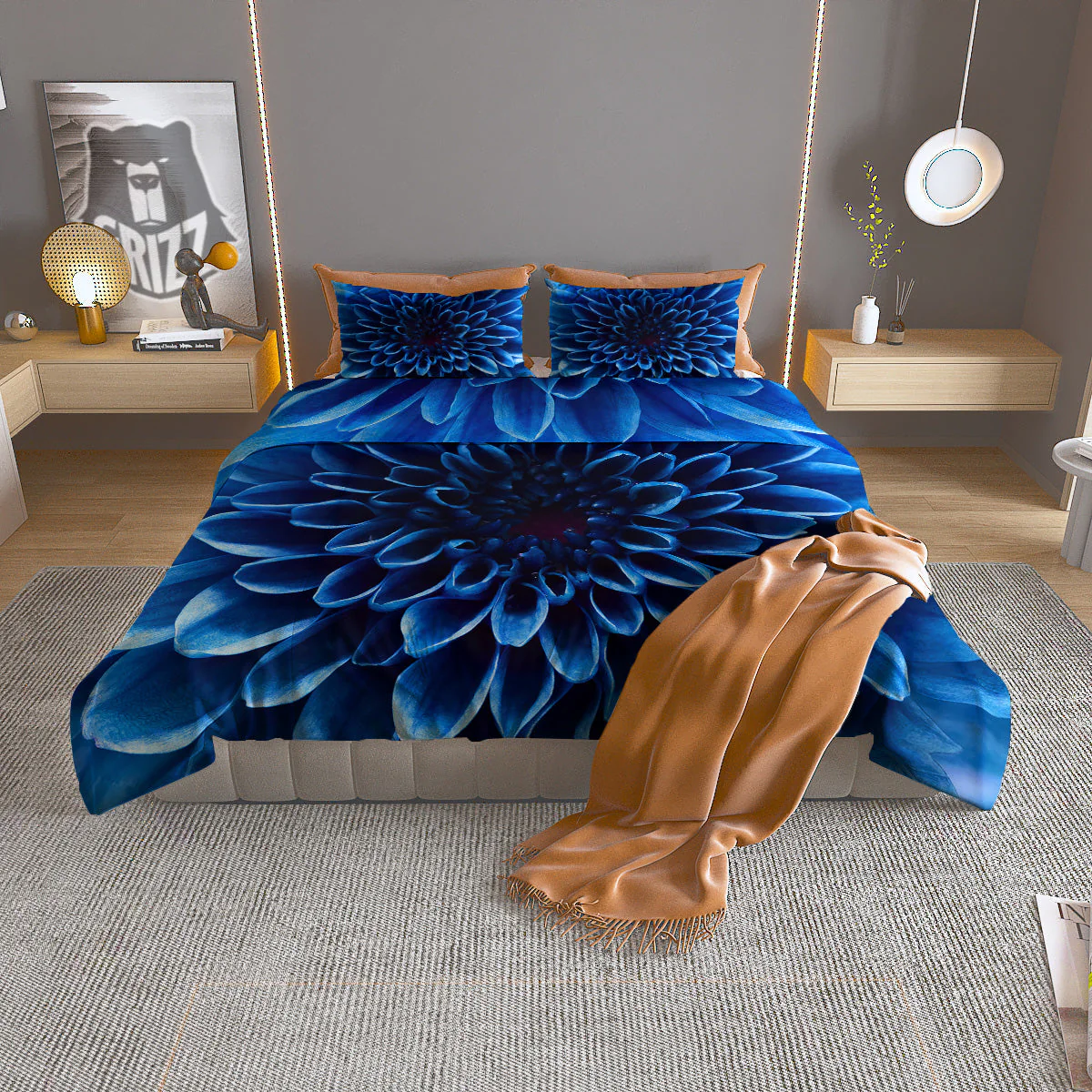 Flower Blue Chrysanthemum Print Duvet Cover Bedding Set