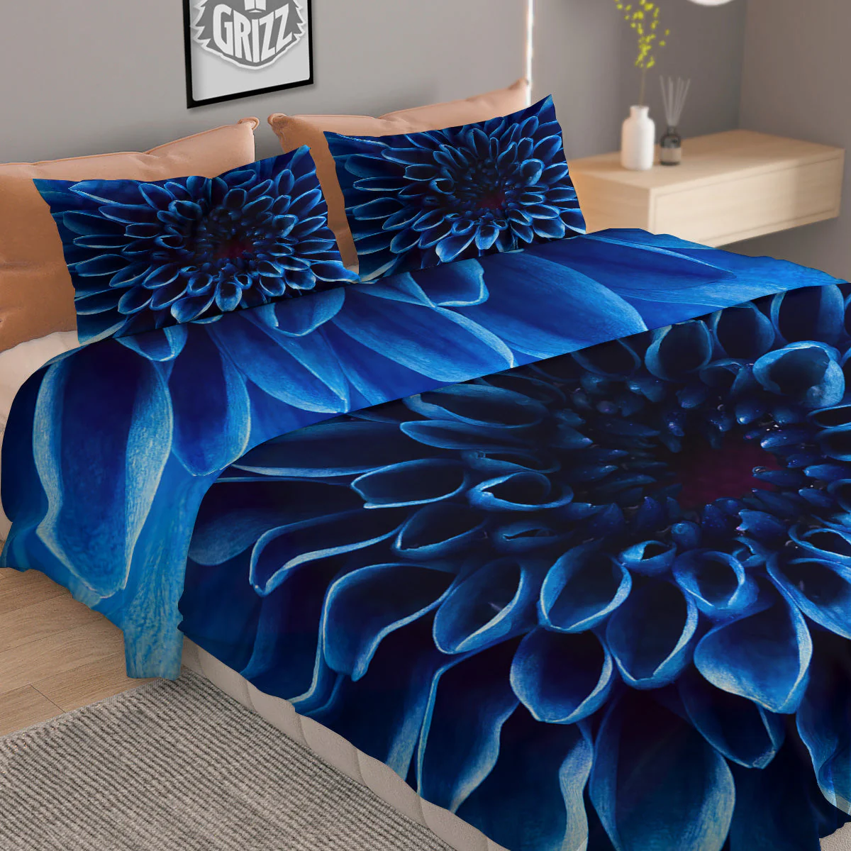 Flower Blue Chrysanthemum Print Duvet Cover Bedding Set - Image 2