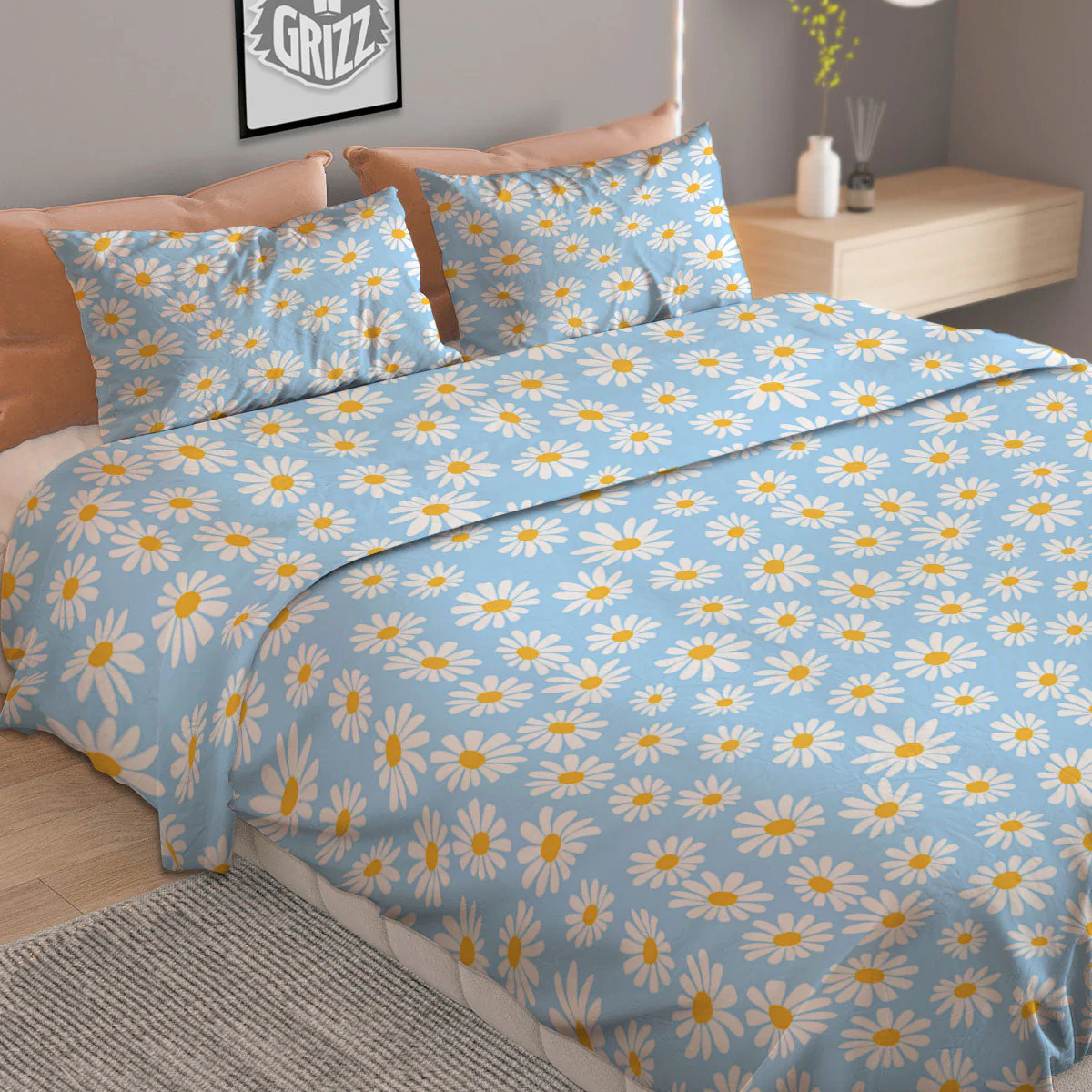 Flower Blue Daisy Print Pattern Duvet Cover Bedding Set - Image 2