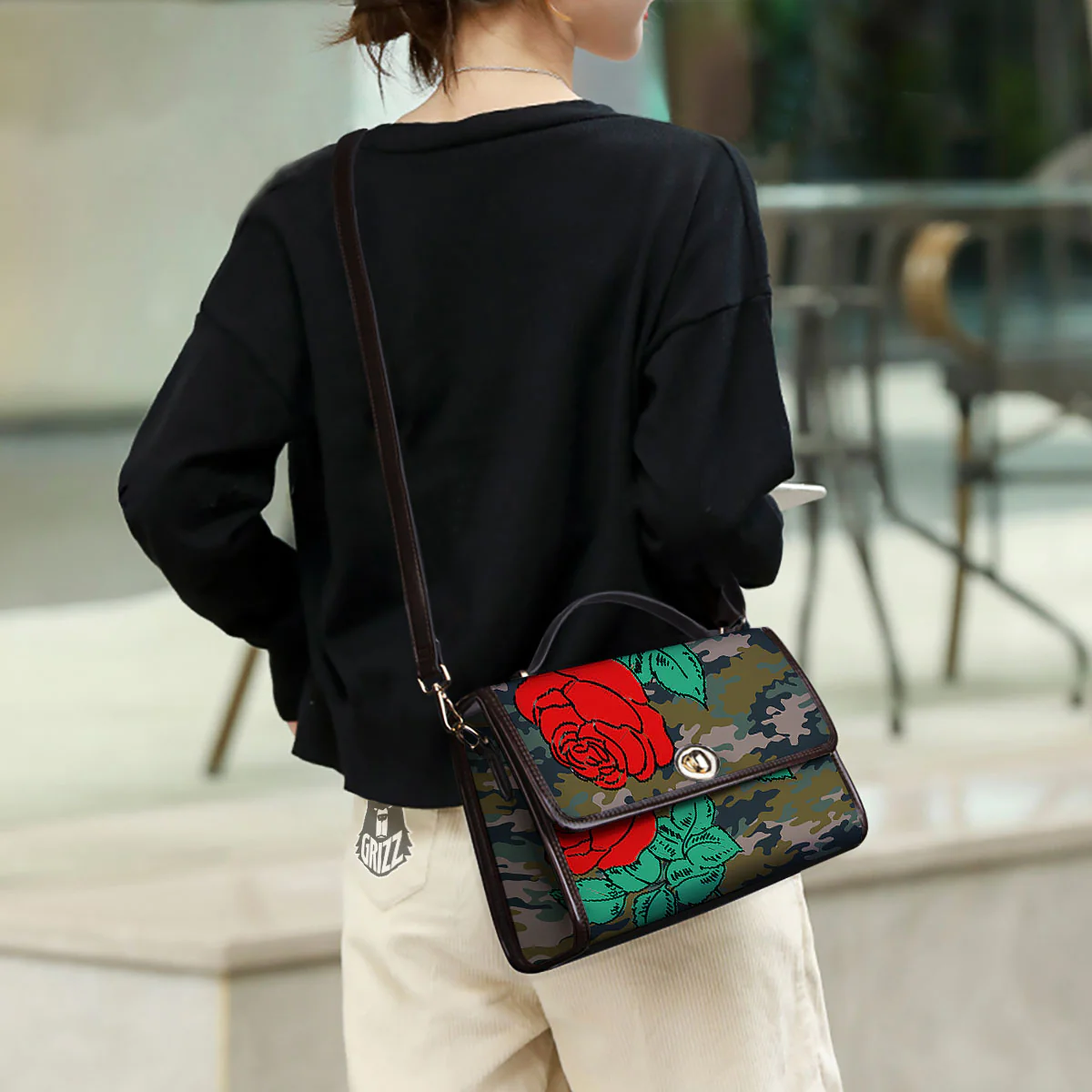 Flower Camouflage Red Rose Print Women's Satchel Bag - Image 3
