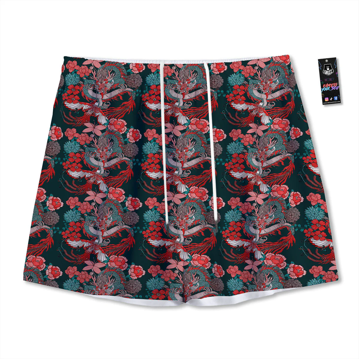 Flower Chinese Dragon Print Pattern Mesh Shorts