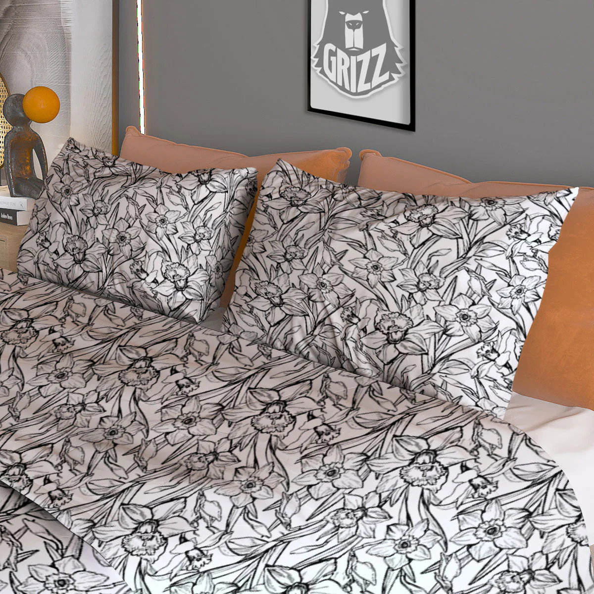 Flower Daffodil Drawing Print Pattern Duvet Cover Bedding Set - Image 3