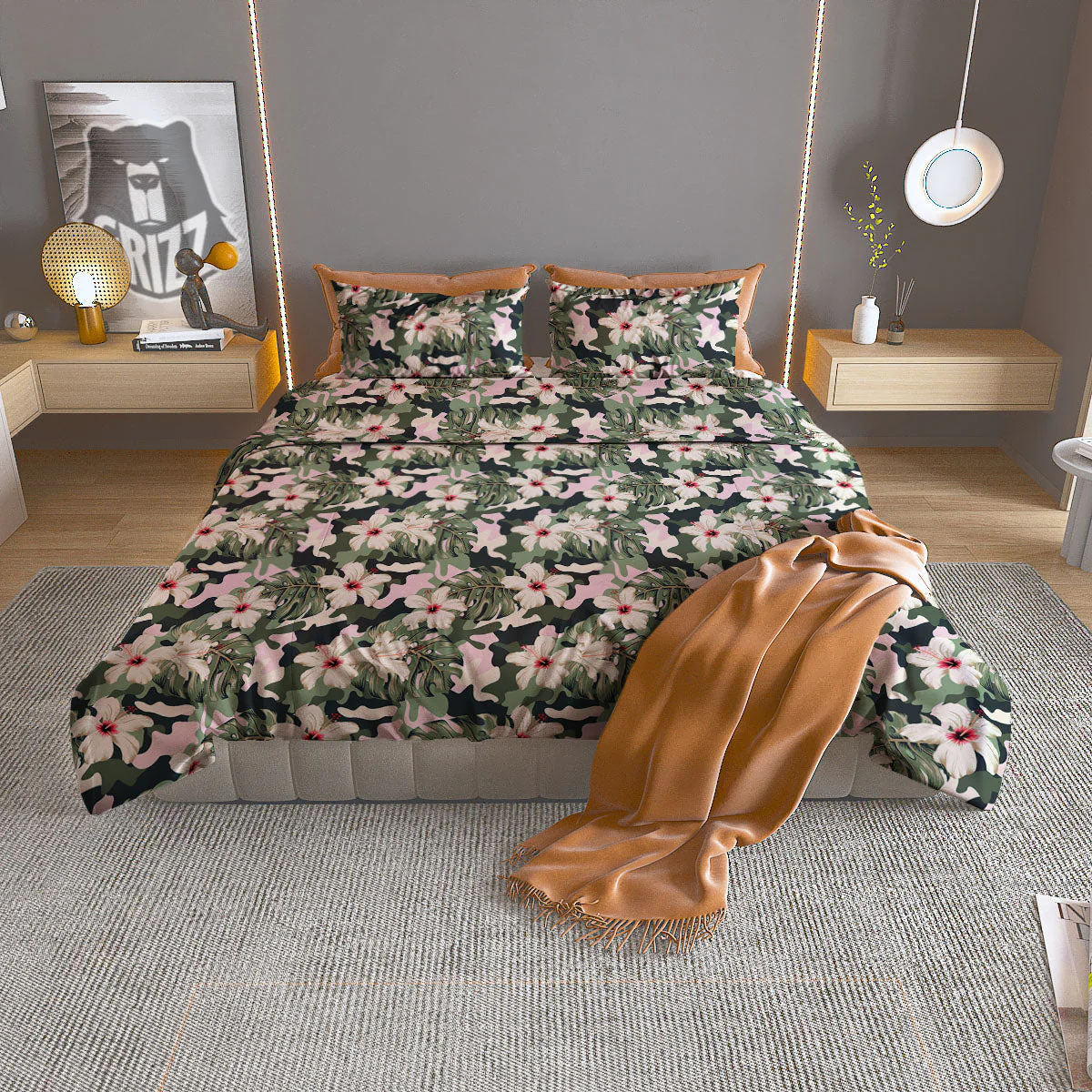 Flower Military Camouflage Print Pattern Duvet Cover Bedding Set