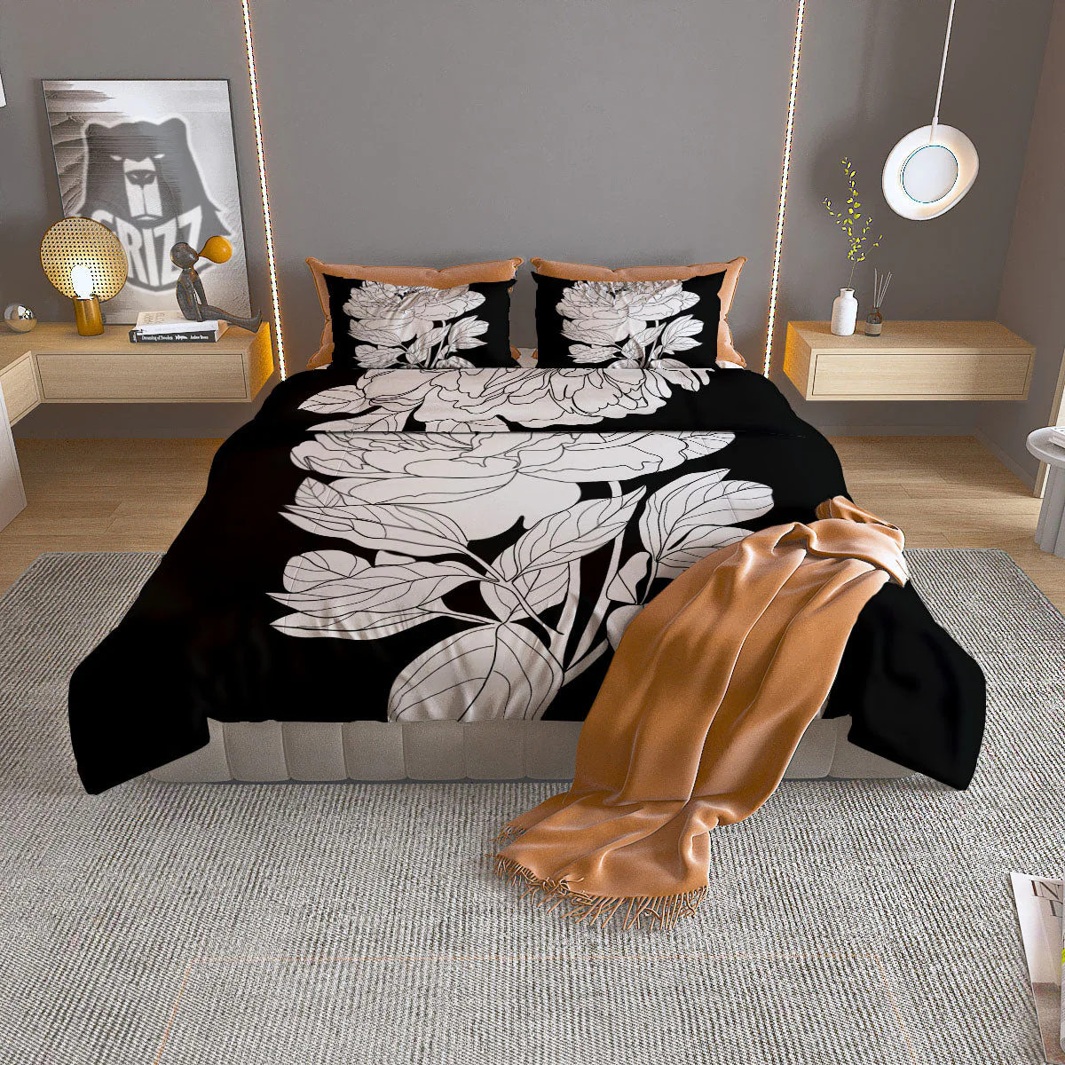 Flower White And Black Print Duvet Cover Bedding Set