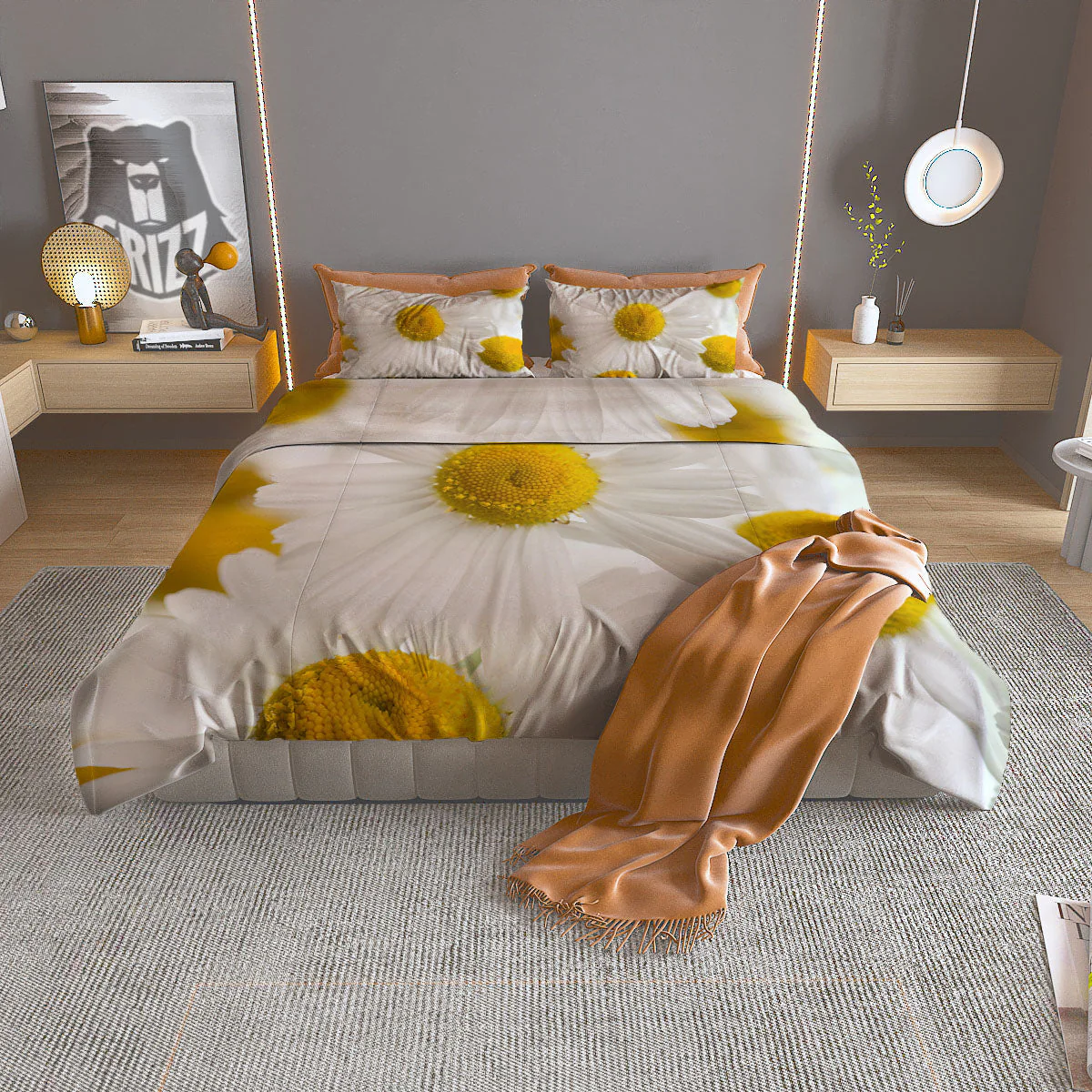 Flower White Daisy Print Duvet Cover Bedding Set