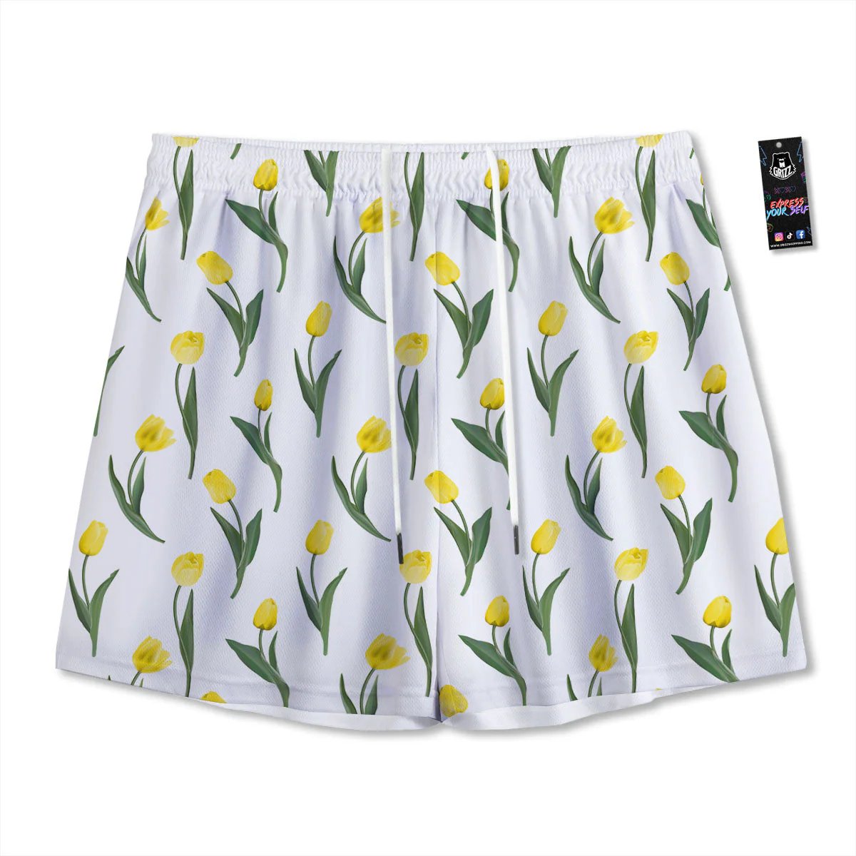 Flower Yellow Tulip White Print Pattern Mesh Shorts