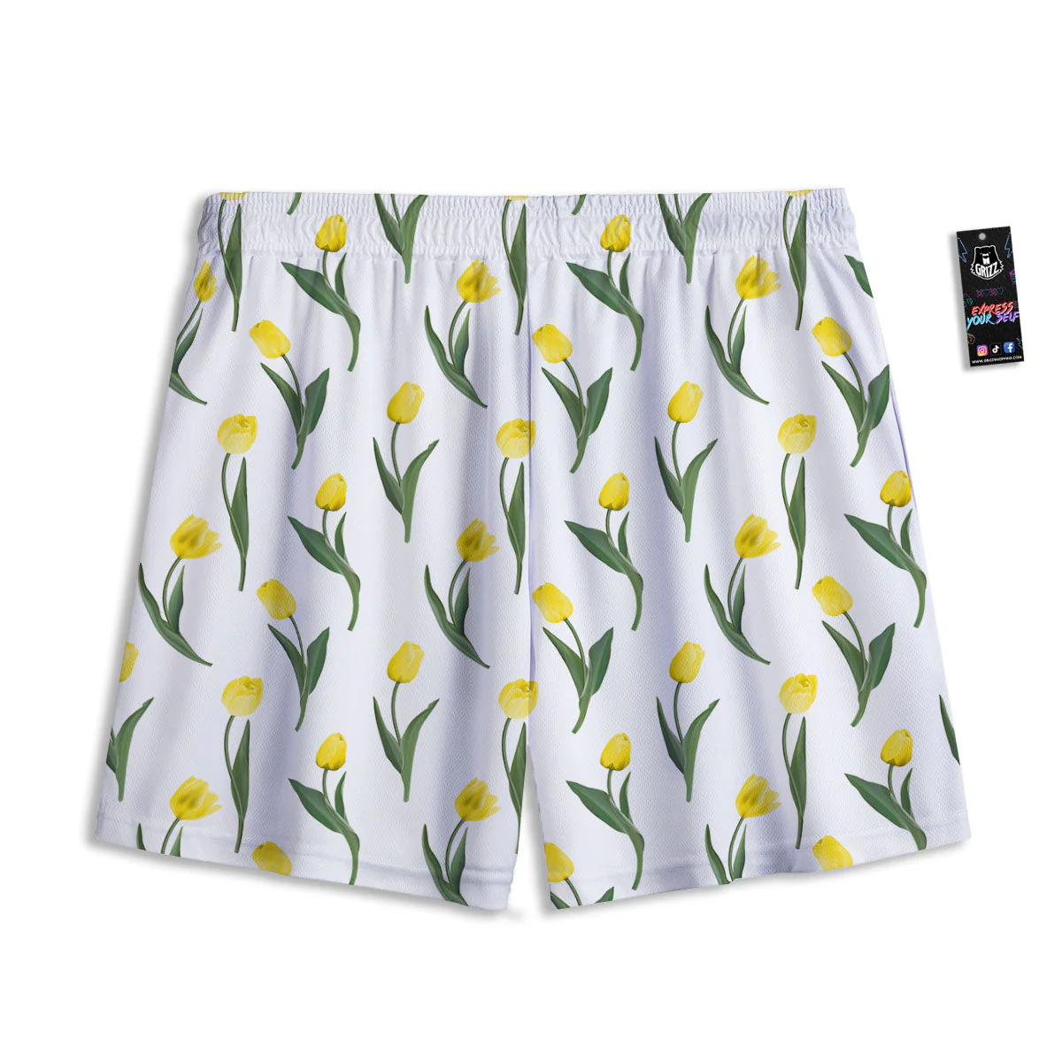 Flower Yellow Tulip White Print Pattern Mesh Shorts - Image 2