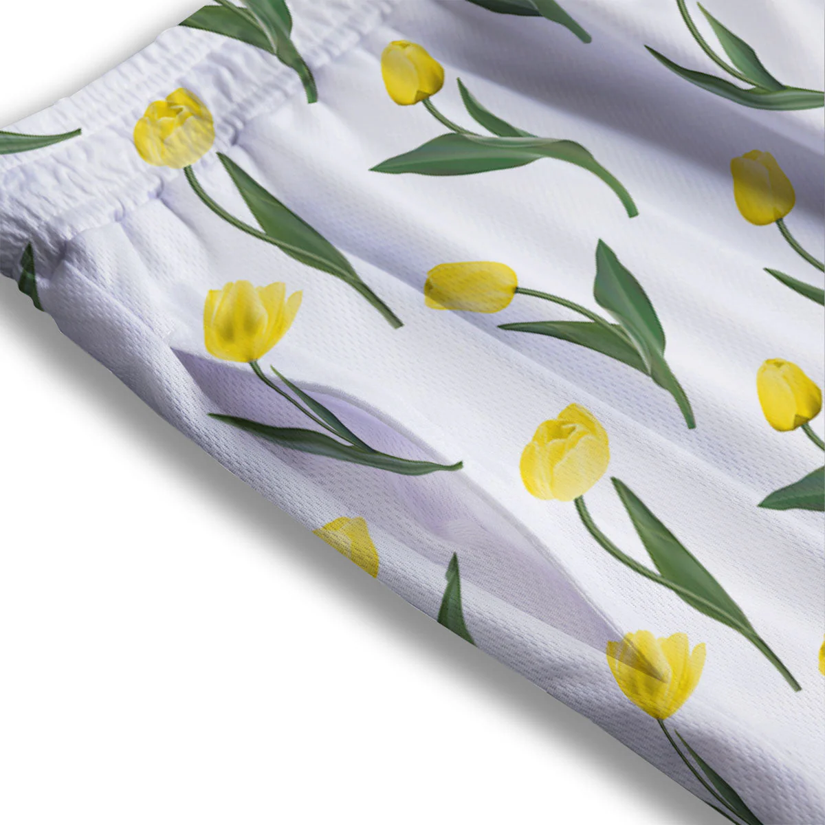 Flower Yellow Tulip White Print Pattern Mesh Shorts - Image 3