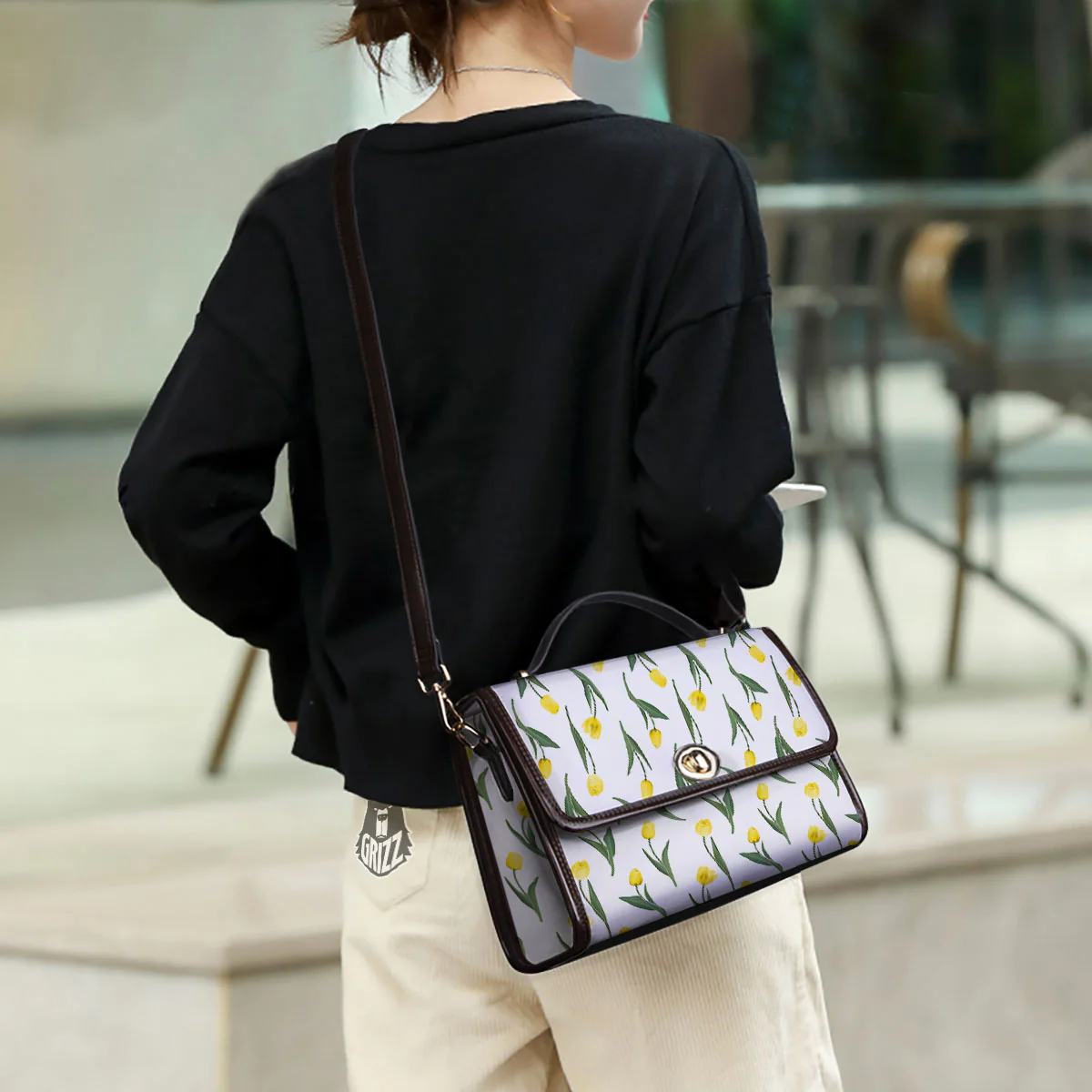 Flower Yellow Tulip White Print Pattern Women's Satchel Bag - Image 3