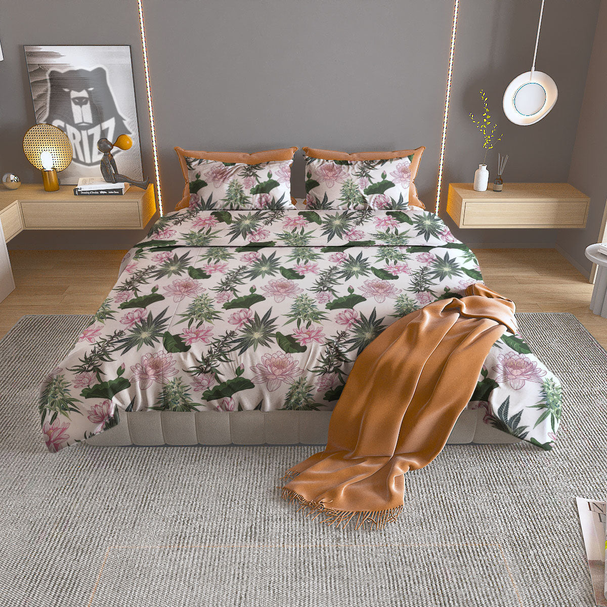 Flowers And Hemp Leaves Print Pattern Duvet Cover Bedding Set