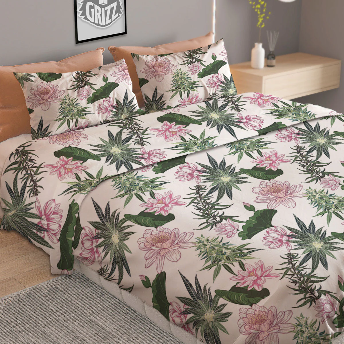 Flowers And Hemp Leaves Print Pattern Duvet Cover Bedding Set - Image 2