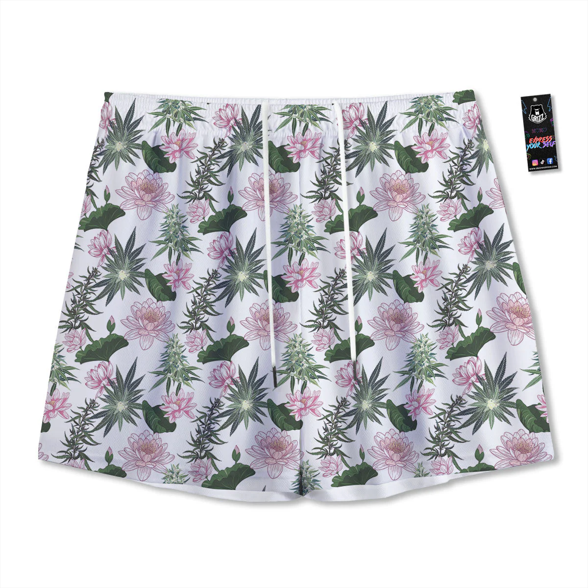 Flowers And Hemp Leaves Print Pattern Mesh Shorts
